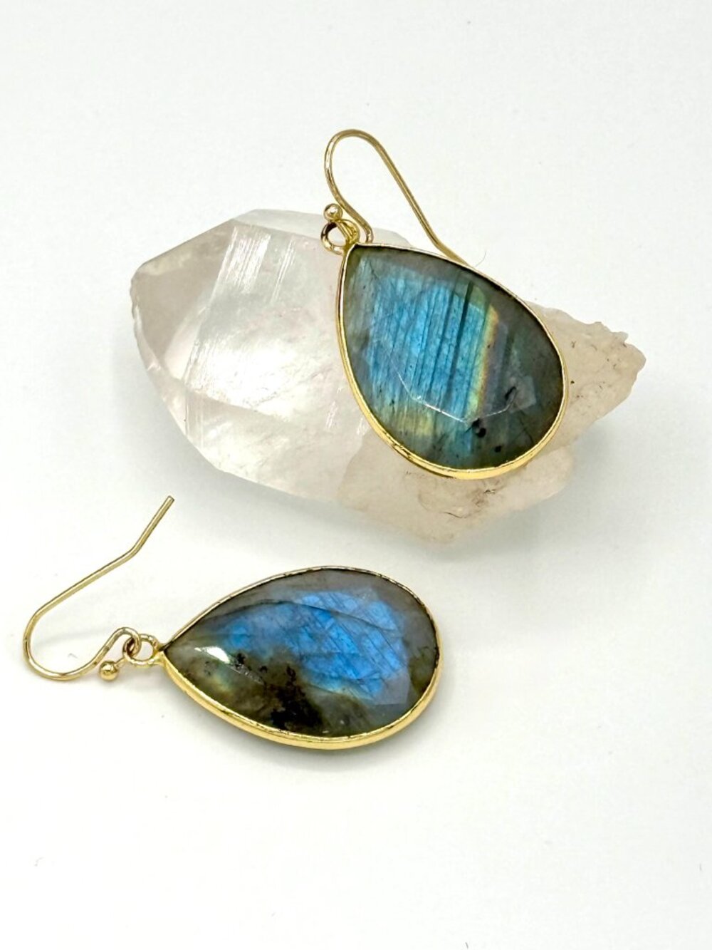 Natural Labradorite Drop Earrings Rainbow Flash Blue Green Gold Minimalist